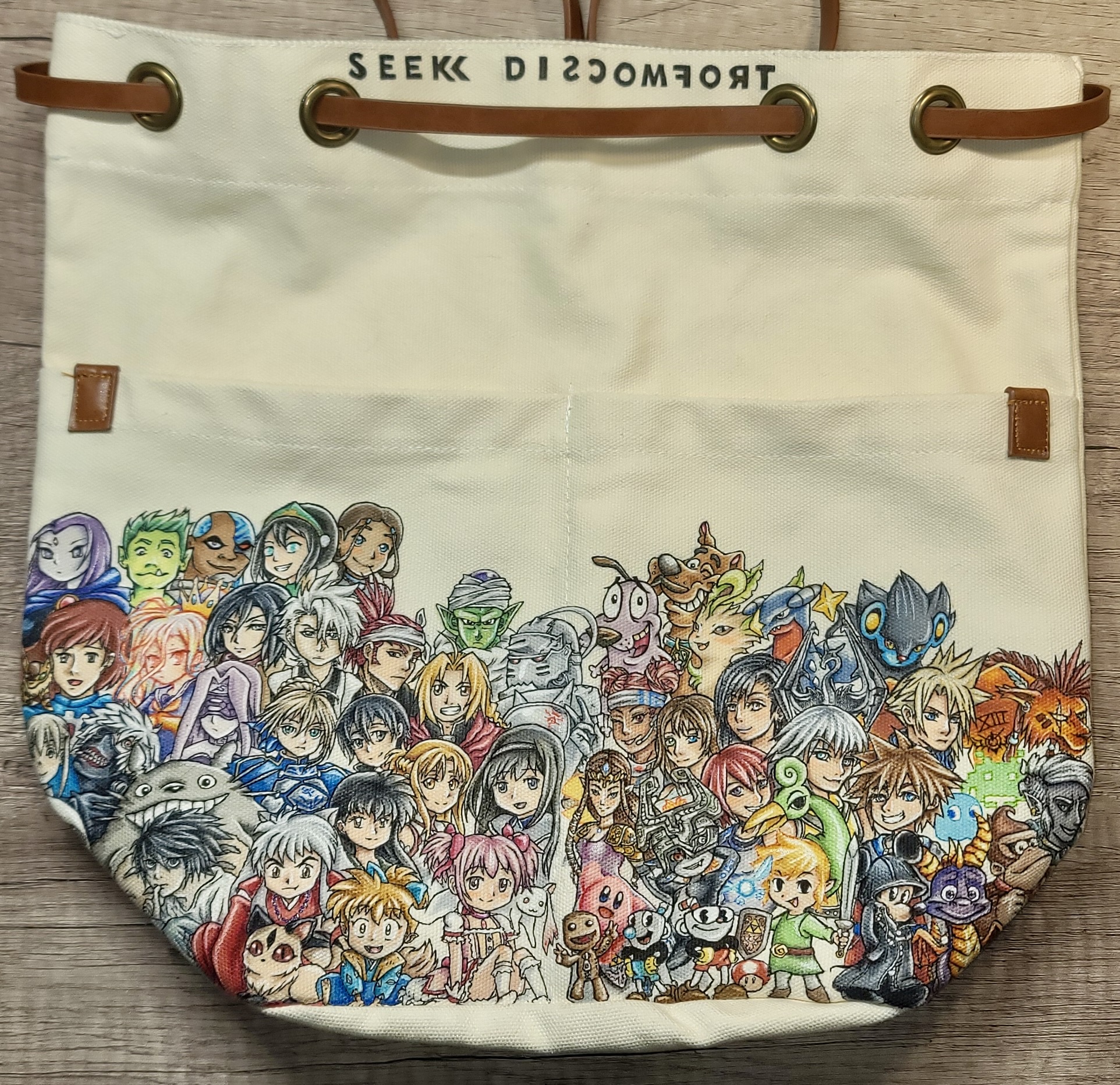 Cartoon and Video Game characters on a canvas backpack